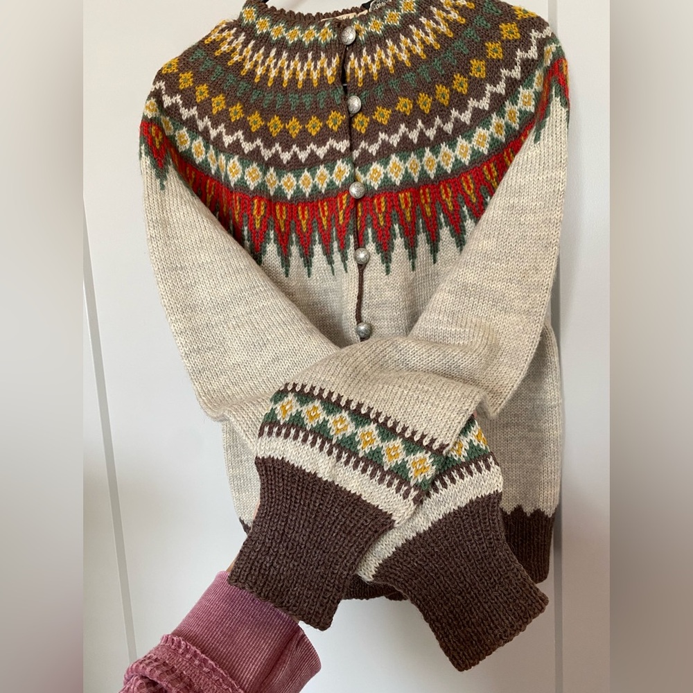 Norwegian wool hand knit fair isle cardigan sweater 1950s Nordic vintage - Picture 4 of 6
